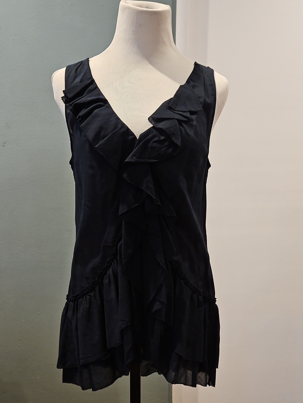 Diane Von Furstenberg Blue Black Ruffle V-Neck Tunic Sleeveless 0268